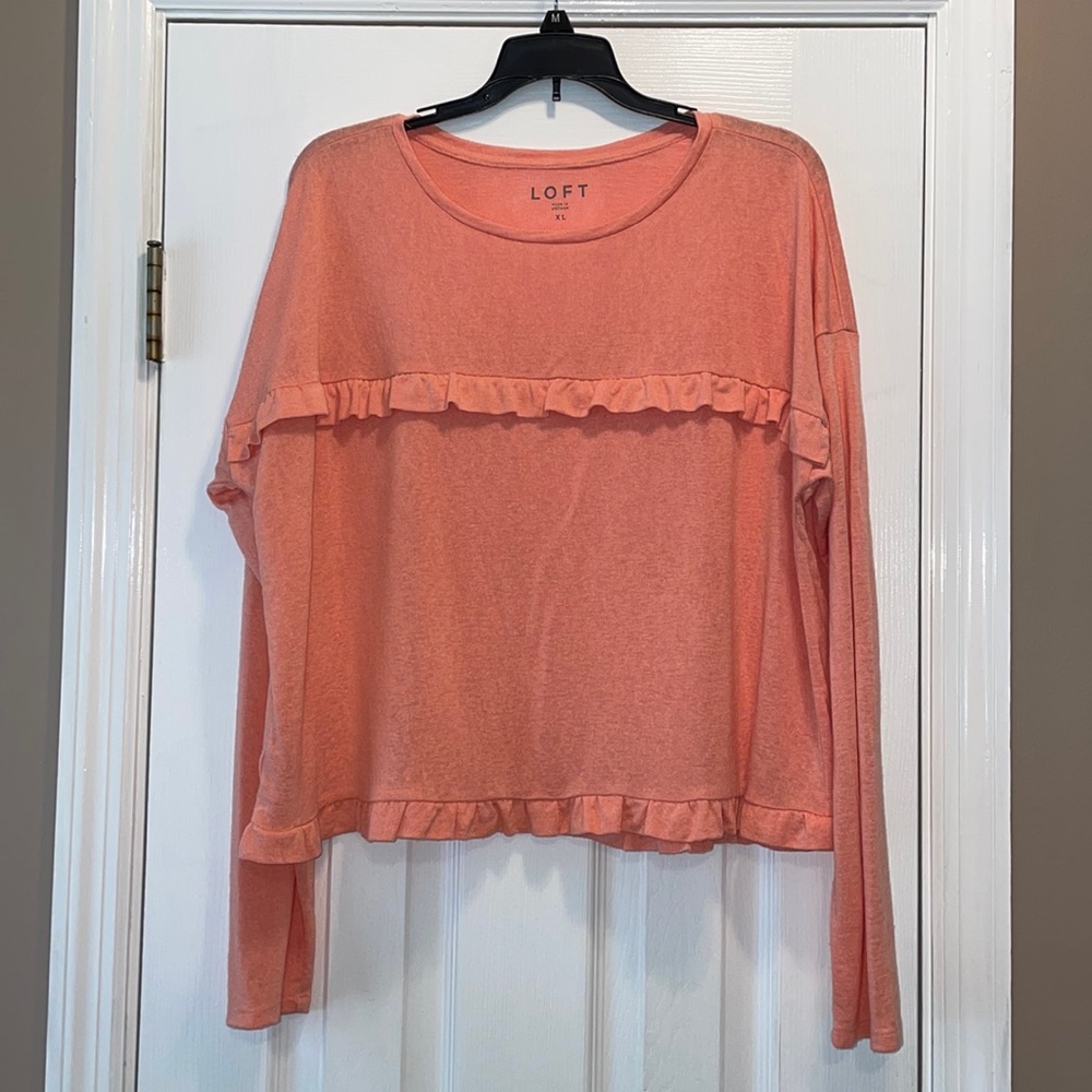 LOFT Lightweight L/S Ruffled Sweater/Top. Tangerine /Light Orange. Size XL. EUC